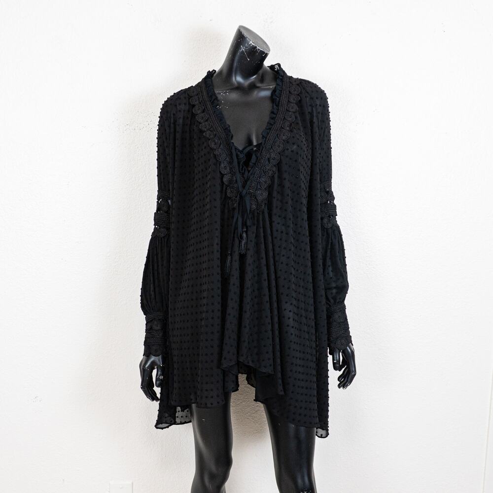 SHONA JOY Black swiss dot sheer Mini Dress Lace trim size 8 US - Picture 2 of 11